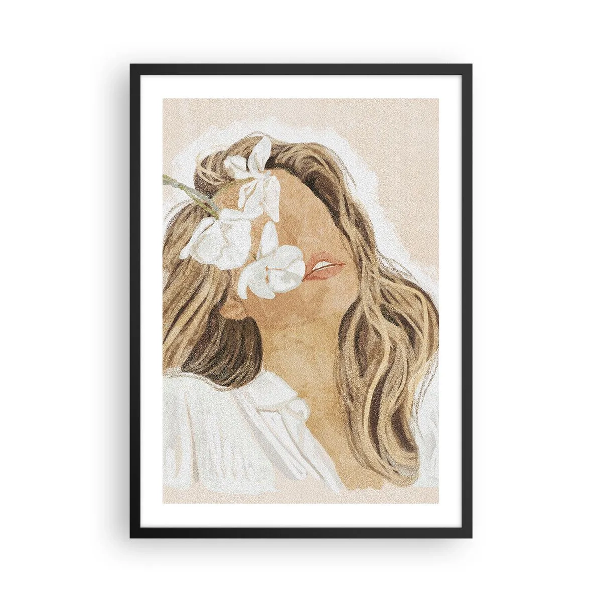 Affisch i svart ram - Porträtt av en kvinna med blommor som täcker hennes ansikte - 50x70cm - Bland blommorna i jubel - Modern väggdekoration för vardagsrum och sovrum ARTTOR
