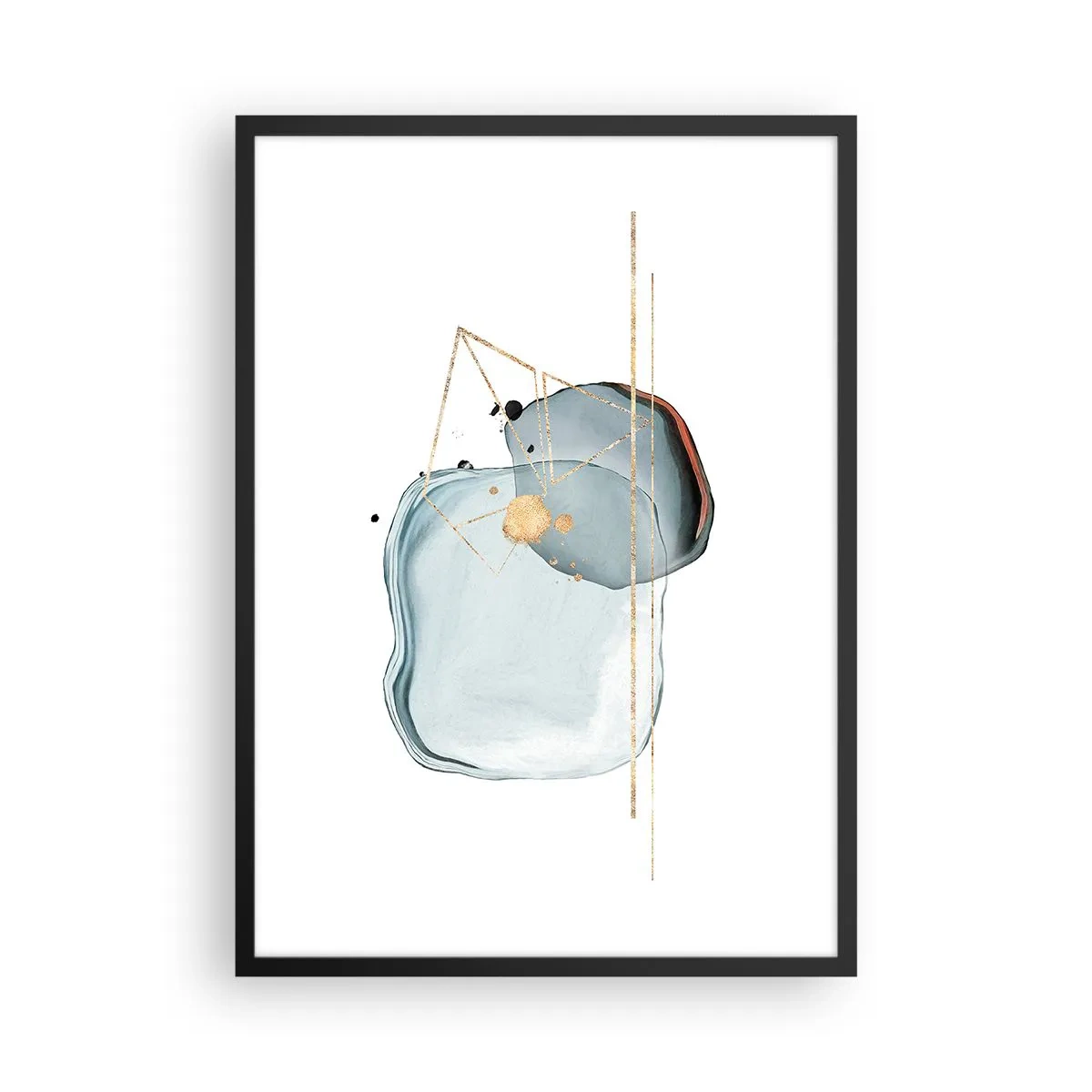 Affisch i svart ram - Abstrakt akvarellkomposition med ett geometriskt guldmönster - 50x70cm - En studie av droppar - Modern väggdekoration för vardagsrum och sovrum ARTTOR