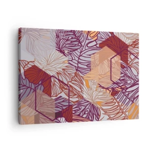 Canvastavla - Bild på duk - Ett dekorativt tropiskt lövmönster i nyanser av lila, orange och beige. - 70x50cm - Ett möjligt förhållande mellan geometrin och naturen - Modern väggdekoration för vardagsrum och sovrum ARTTOR