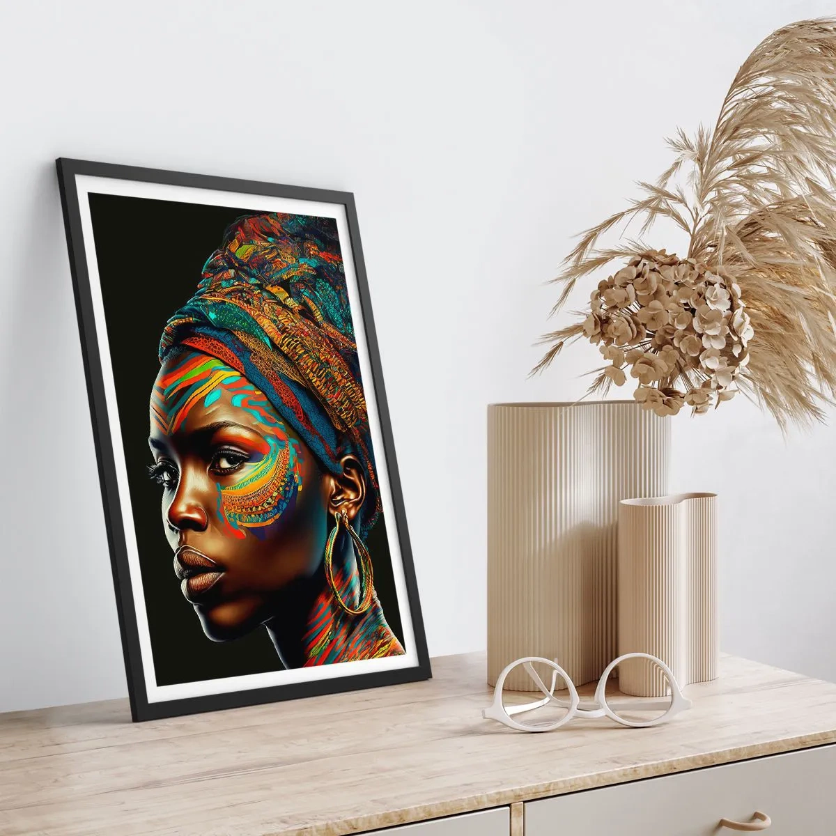 Affisch i svart ram - Porträtt av en kvinna i en färgglad halsduk och etnisk smink - 50x70cm - Afrikansk drottning - Modern väggdekoration för vardagsrum och sovrum ARTTOR