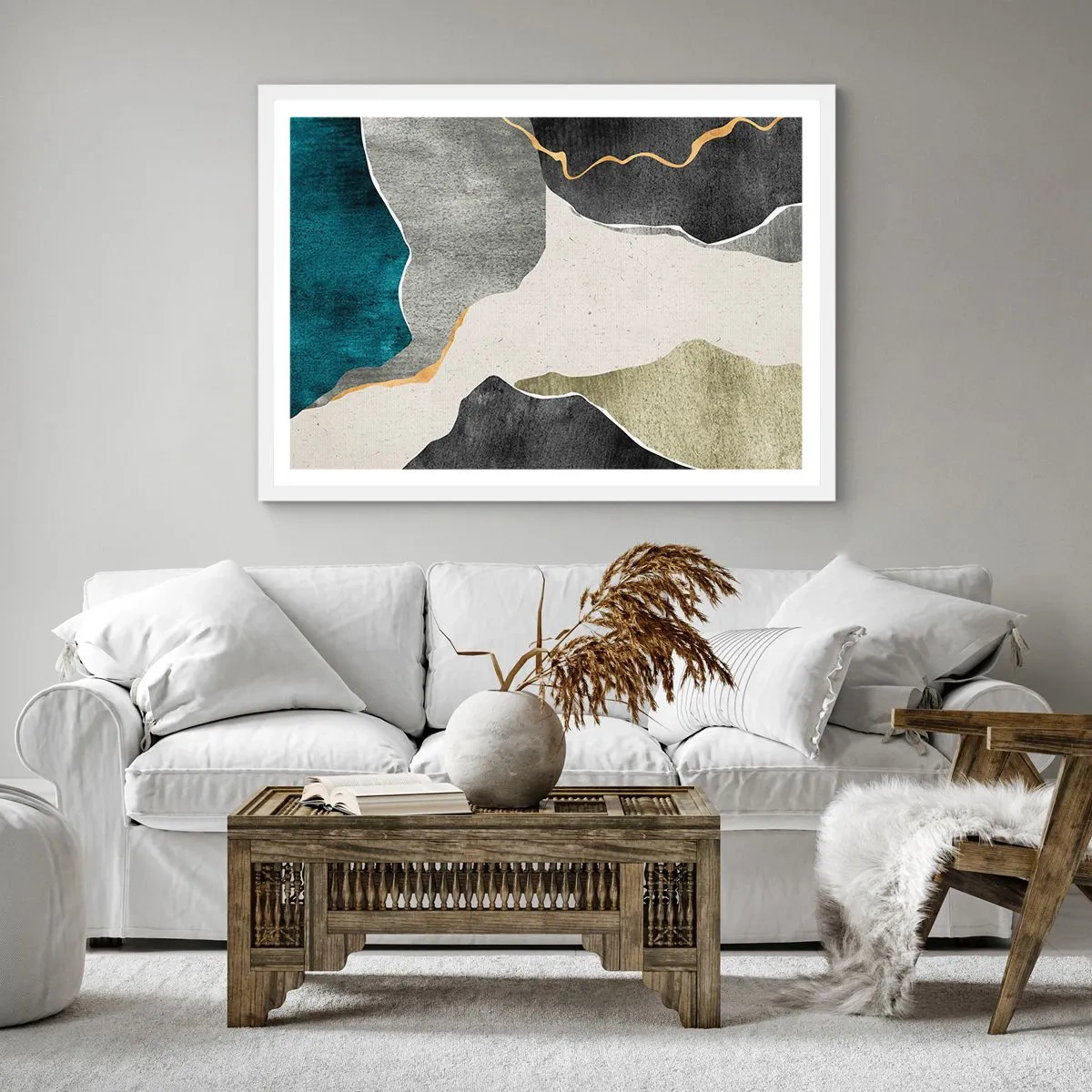 Affisch i vit ram - Mosaikkomposition med en guldtråd - 50x50 cm