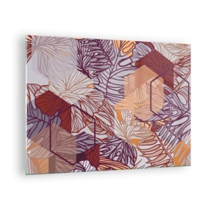 Glastavla - Bild på glas - Grafiska löv mot en bakgrund av geometriska former - 70x50cm - Ett möjligt förhållande mellan geometrin och naturen - Modern väggdekoration för vardagsrum och sovrum ARTTOR