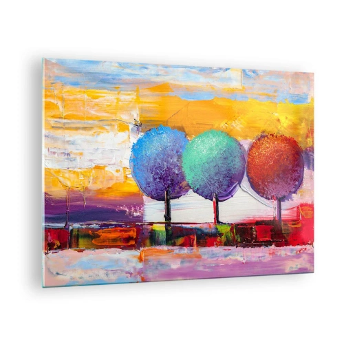 Glastavla - Bild på glas - Färgglada abstrakta träd på en intensiv bakgrund - 70x50cm - Tredje gången gillt - Modern väggdekoration för vardagsrum och sovrum ARTTOR