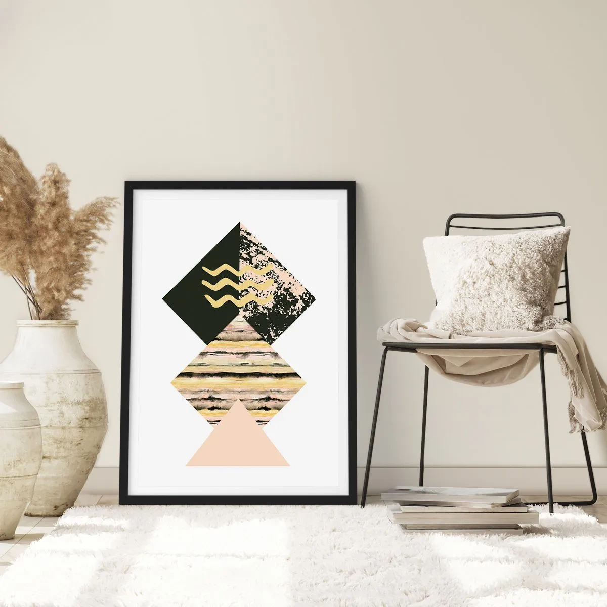 Affisch i svart ram - Abstrakt geometrisk komposition i delikata färger - 50x70cm - Inte så enkelt - Modern väggdekoration för vardagsrum och sovrum ARTTOR