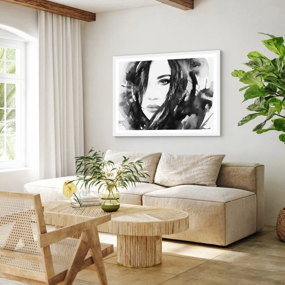 Affisch i vit ram - En damportätt i svart och vit - 100x70 cm