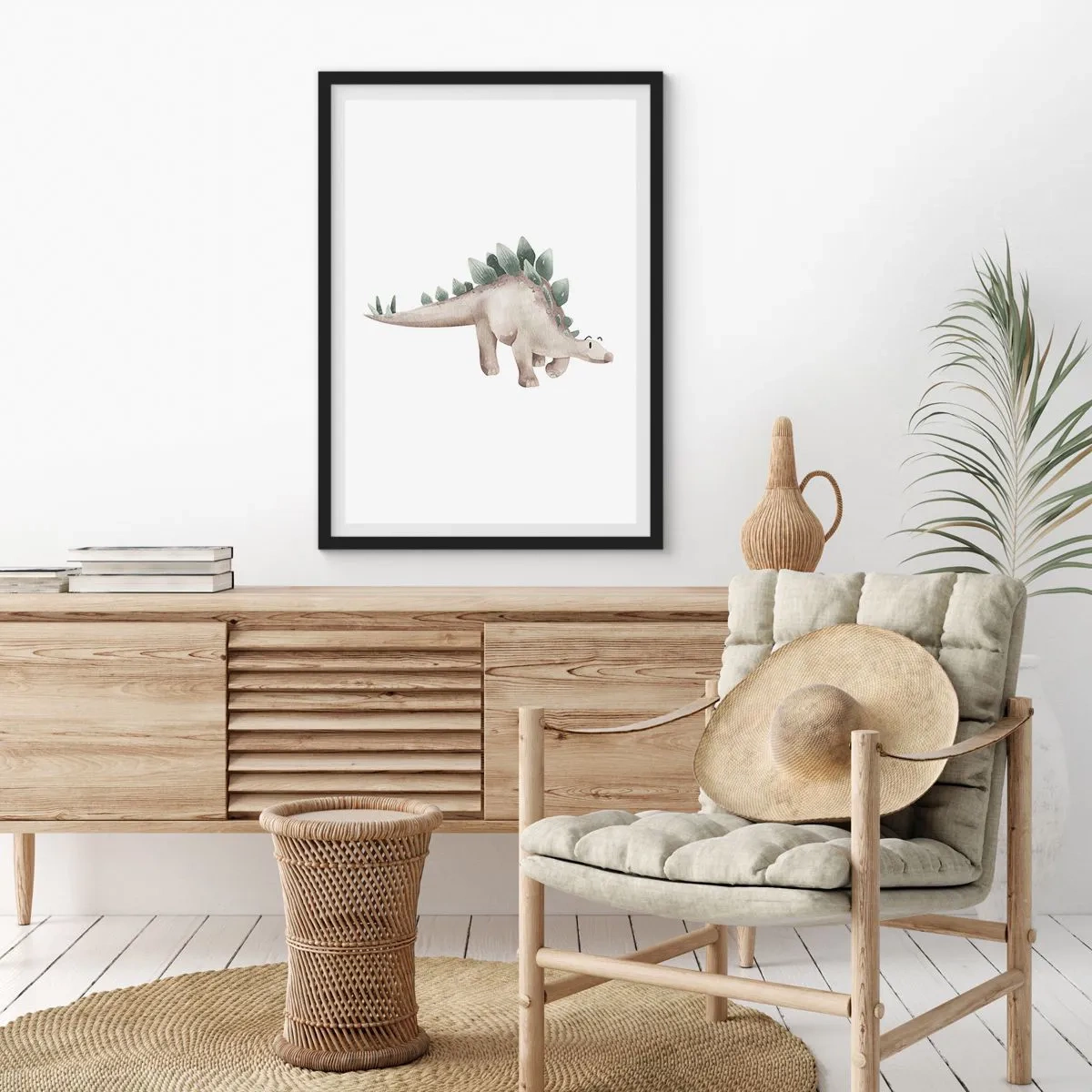 Affisch i svart ram - Akvarell dinosaurie i minimalistisk stil - 50x70cm - Er vän - Modern väggdekoration för vardagsrum och sovrum ARTTOR