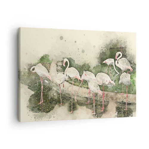 Canvastavla - Bild på duk - Flamingos i sin naturliga omgivning i akvarellstil - 70x50cm - Exotisk dröm - Modern väggdekoration för vardagsrum och sovrum ARTTOR