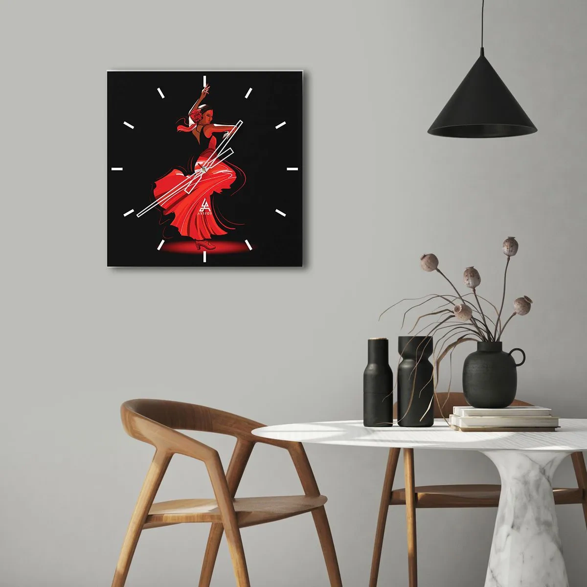 Väggklocka - Klocka på glas - Flamencos brinnande anda - 40x40 cm