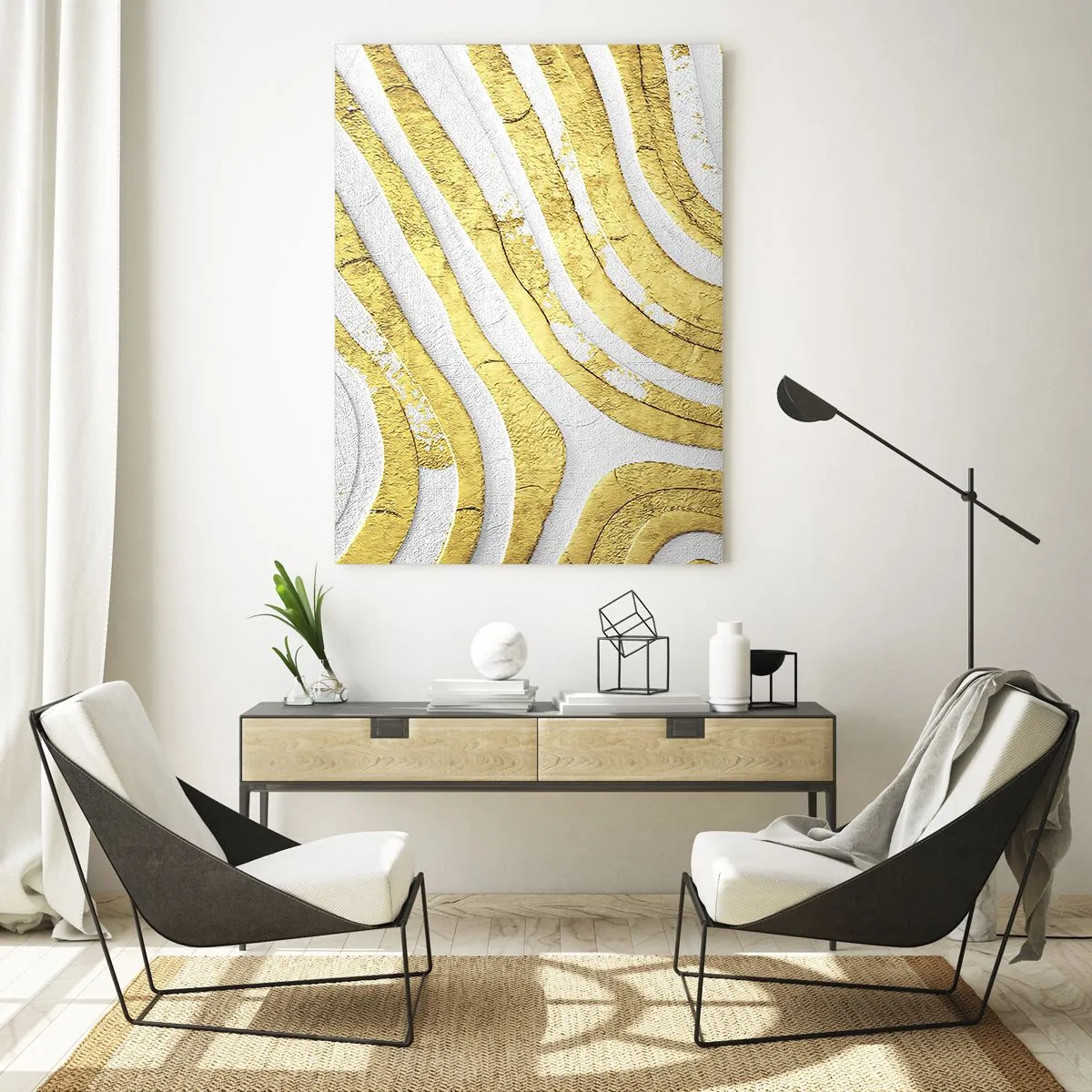Glastavla - Bild på glas - Komposition i vitt och guld - 70x100 cm