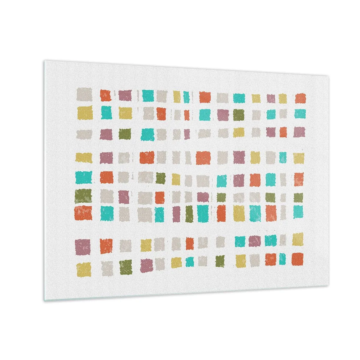 Glastavla - Bild på glas - Färgglad mosaik av rutor på en vit bakgrund i abstrakt stil - 70x50cm - Ett okänt spel - Modern väggdekoration för vardagsrum och sovrum ARTTOR