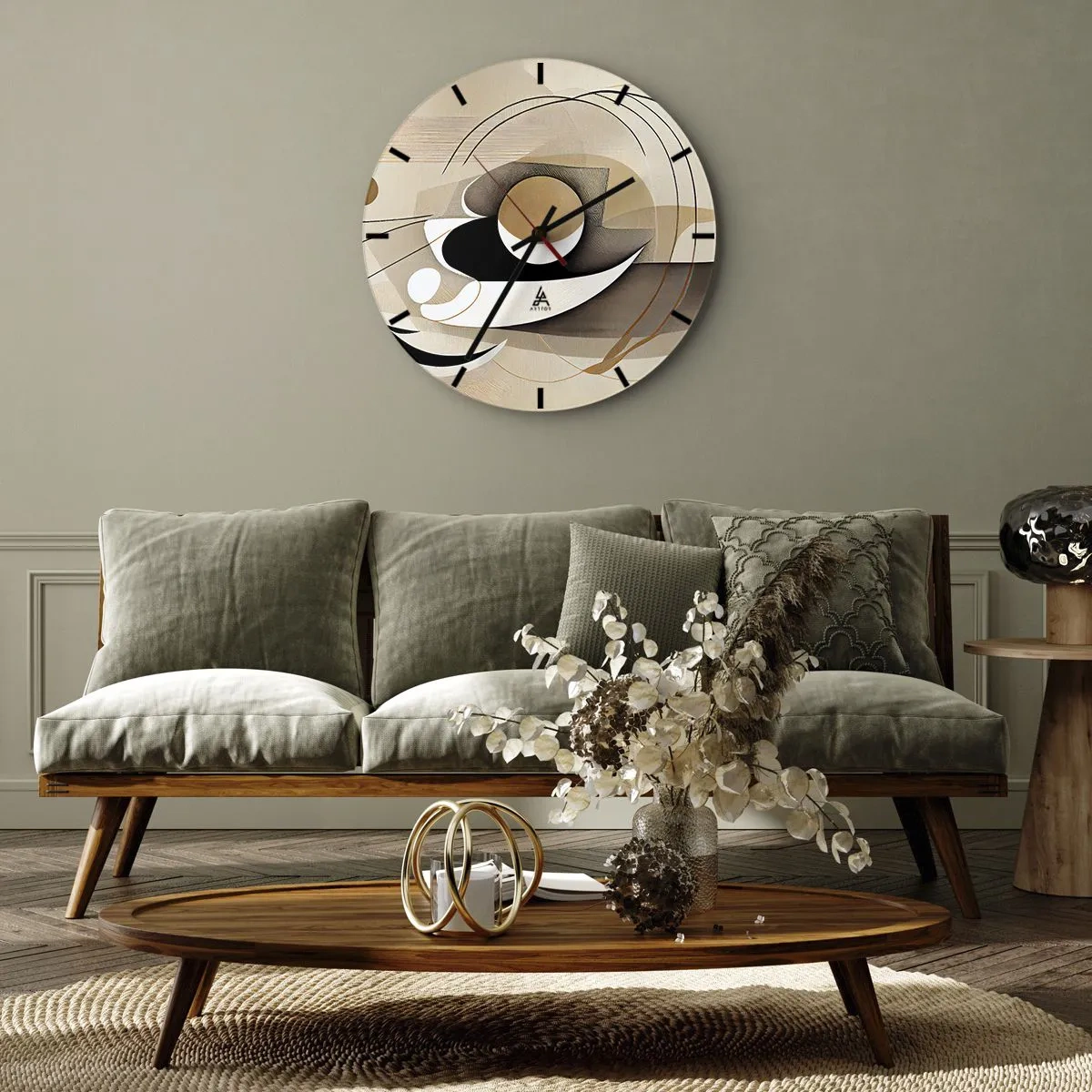 Väggklocka - Klocka på glas - En geometrisk komposition med bågar och former i beige nyanser. - 30x30cm - Komposition: essensen av saker och ting - Modern väggdekoration för vardagsrum, kök och sovrum ARTTOR