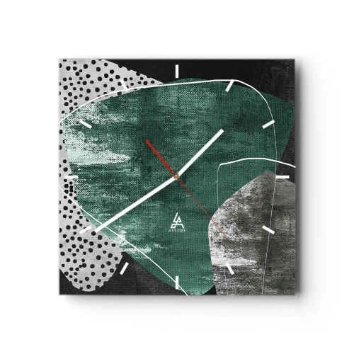 Väggklocka - Klocka på glas - Färgstark abstraktion med en guldflinga - 30x30 cm