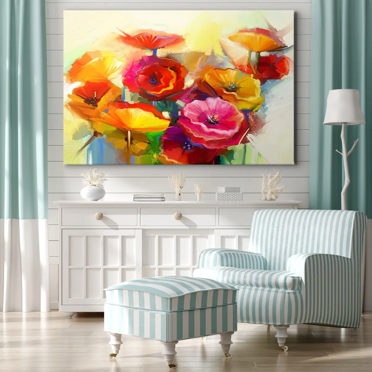 Canvastavla - Bild på duk - Färgglada abstrakta blommor på en ljus bakgrund - 70x50cm - Inte bara rött - Modern väggdekoration för vardagsrum och sovrum ARTTOR