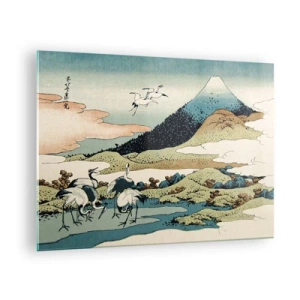 Glastavla - Bild på glas - En målning av fåglar i ett japanskt landskap med utsikt över berget Fuji. - 70x50cm - I japansk anda - Modern väggdekoration för vardagsrum och sovrum ARTTOR
