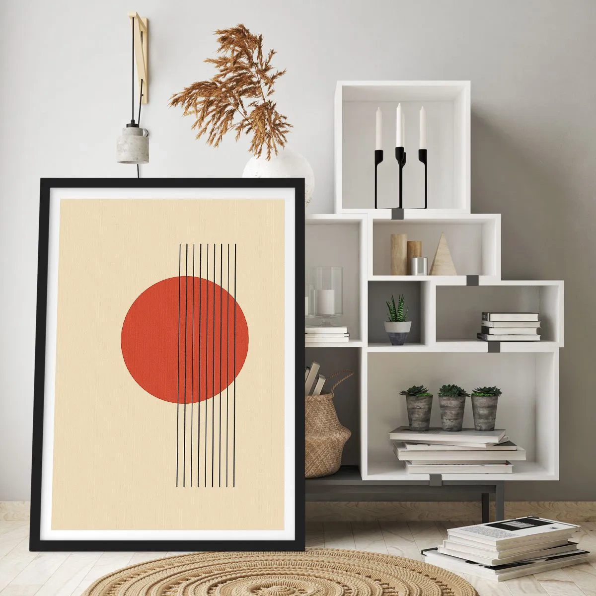 Affisch i svart ram - Geometrisk komposition med en röd cirkel - 50x70cm - Cirkel och linjer - Modern väggdekoration för vardagsrum och sovrum ARTTOR