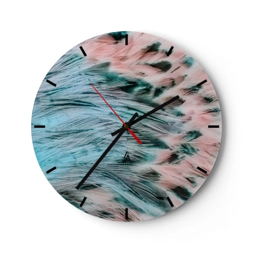 Väggklocka - Klocka på glas - Abstrakt fjädermönster i nyanser av safir och rosa - 30x30cm - Safir-rosa dun - Modern väggdekoration för vardagsrum, kök och sovrum ARTTOR