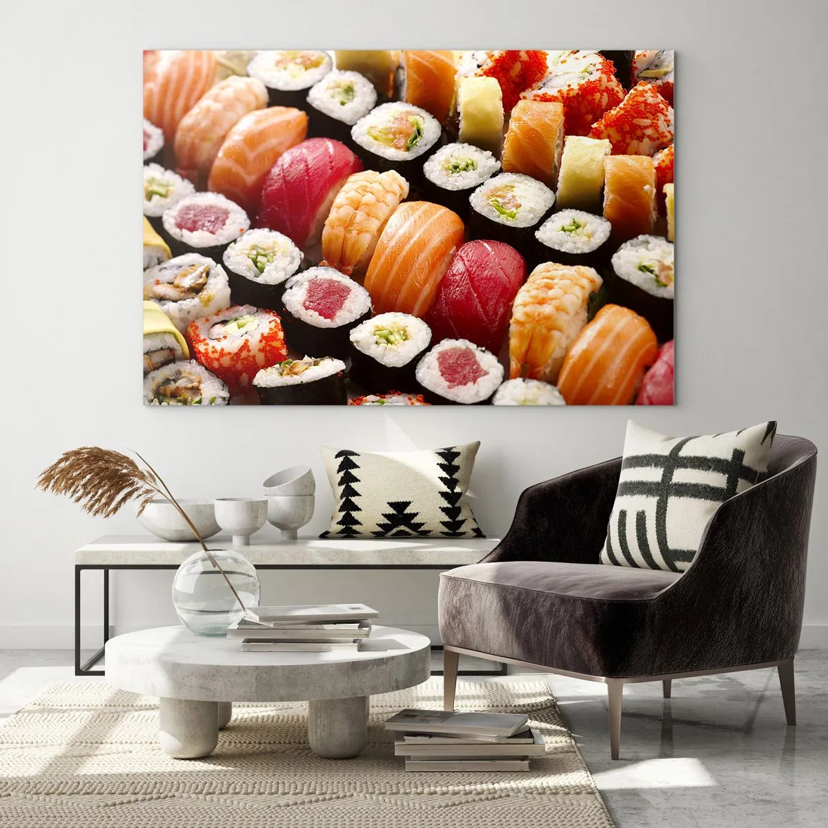 Glastavla - Bild på glas - En färgglad sushikomposition med en mängd olika ingredienser - 70x50cm - Asiens färger och smaker - Modern väggdekoration för vardagsrum och sovrum ARTTOR