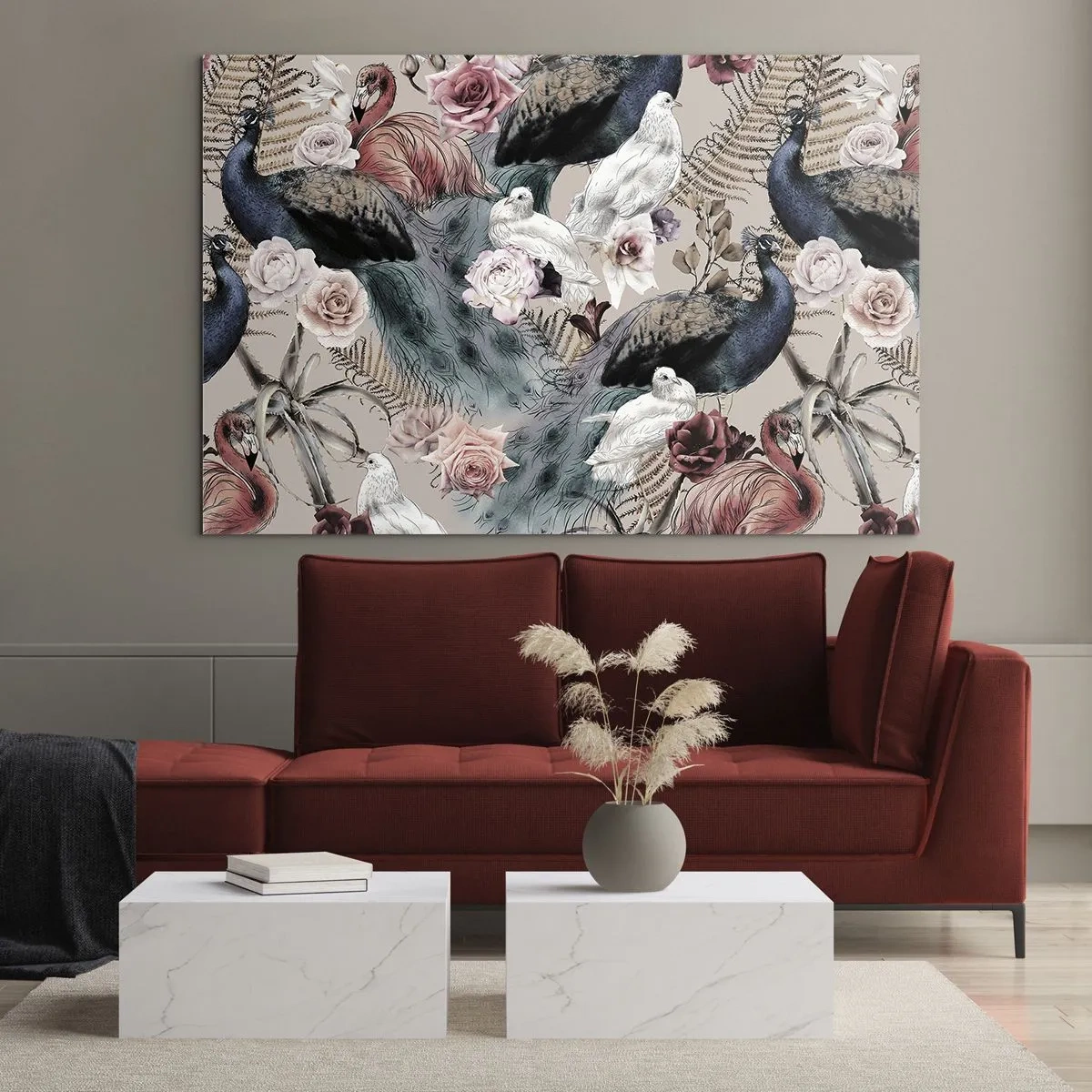 Glastavla - Bild på glas - Påfåglar och flamingos omgivna av rosor och ormbunkar - 70x50cm - I palatsträdgården - Modern väggdekoration för vardagsrum och sovrum ARTTOR