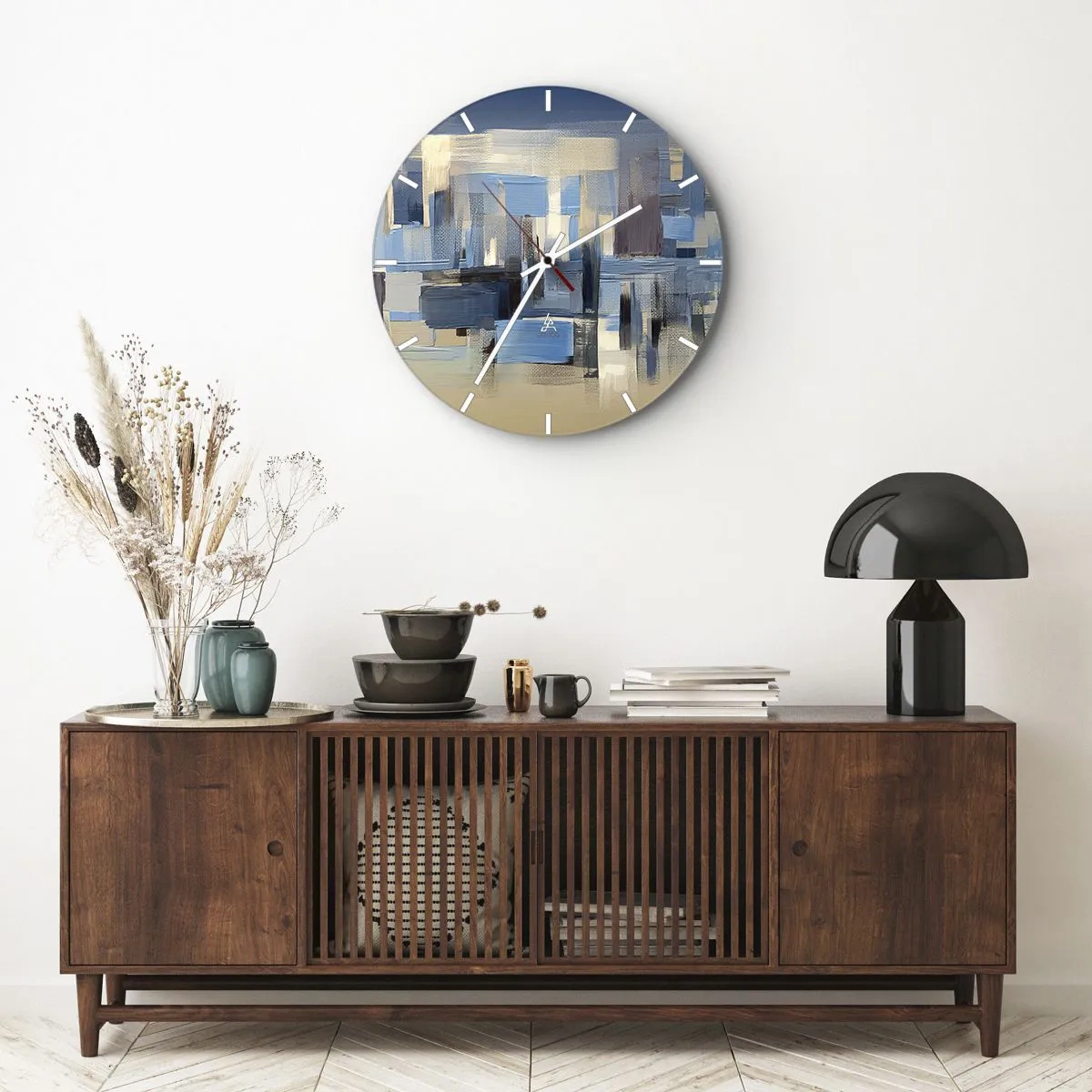 Väggklocka - Klocka på glas - Abstrakt geometrisk komposition i nyanser av blått - 30x30cm - Blå konstruktion - Modern väggdekoration för vardagsrum, kök och sovrum ARTTOR