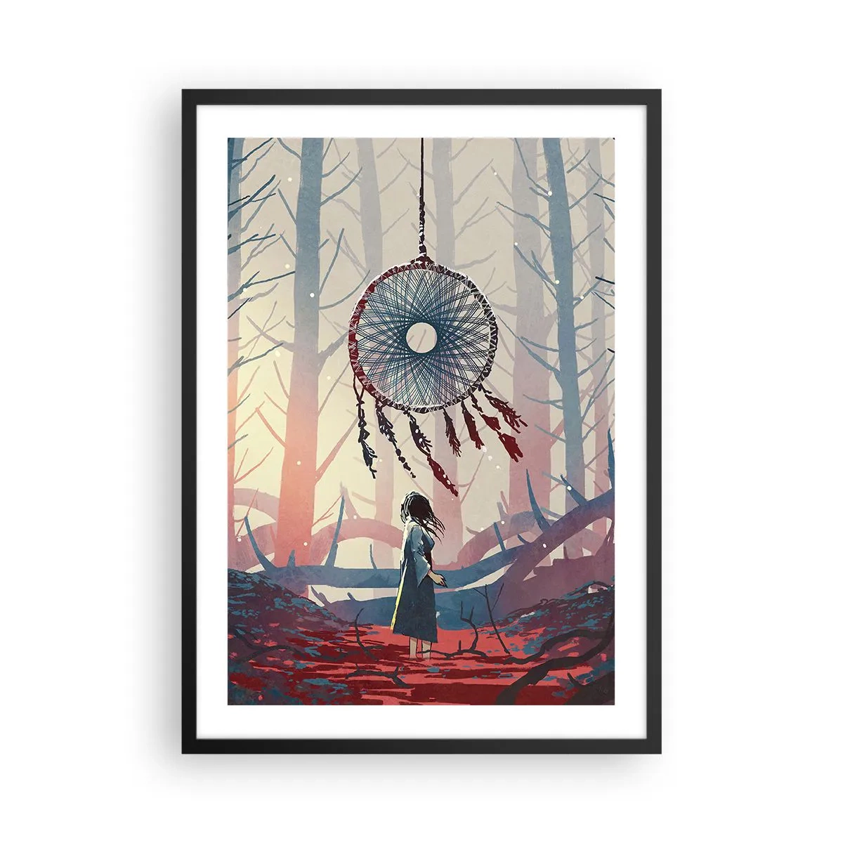 Affisch i svart ram - En figur i skogen med en drömfångare mot en pastellfärgad bakgrund. - 50x70cm - Hemlighetsfull ritual av lyckan - Modern väggdekoration för vardagsrum och sovrum ARTTOR