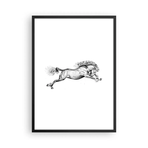 Affisch i svart ram - Illustration av en galopperande häst i svartvitt - 50x70cm - Fångad i galopplopp - Modern väggdekoration för vardagsrum och sovrum ARTTOR