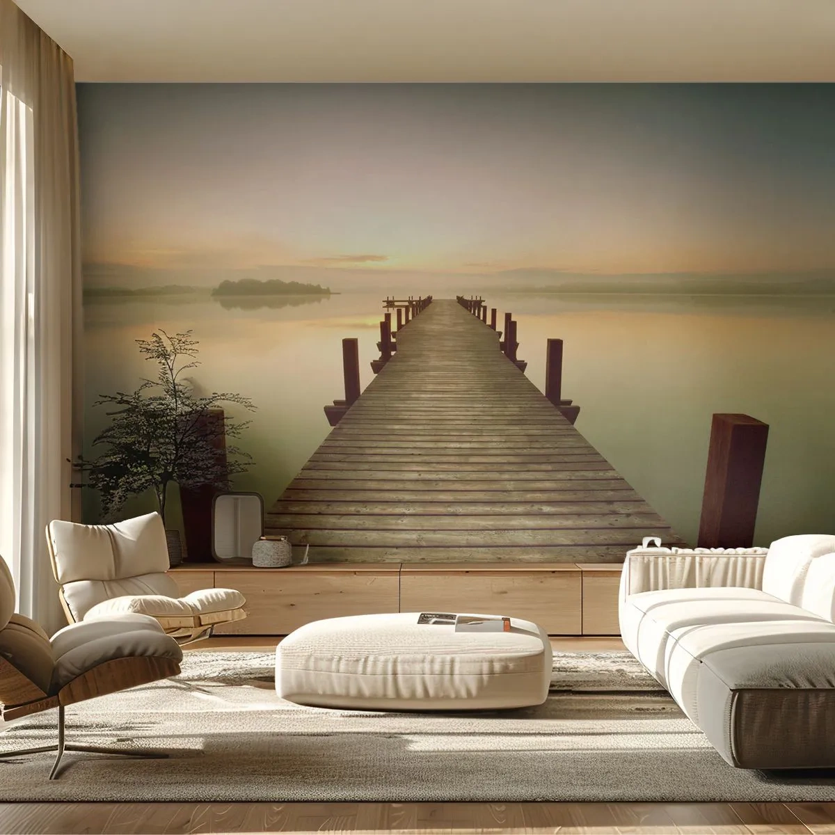 Fototapet Premium Sand - Förgryning, gryning, ljus - Landskap, Sjö, Träbro - 100x70 cm