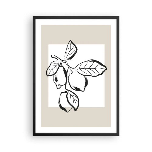 Affisch i svart ram - En minimalistisk illustration av en citronkvist i svartvit stil. - 50x70cm - Där citronen mognar... - Modern väggdekoration för vardagsrum och sovrum ARTTOR