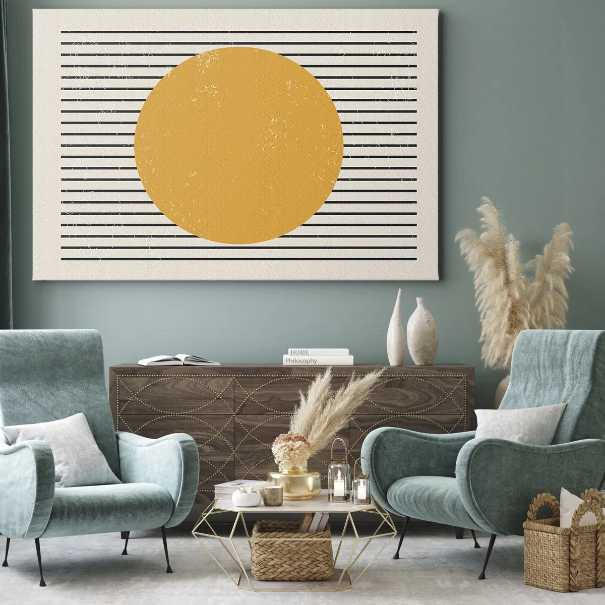 Canvastavla - Bild på duk - En gul cirkel mot en bakgrund av svarta och vita horisontella linjer - 70x50cm - Enkelhetens kraft - Modern väggdekoration för vardagsrum och sovrum ARTTOR