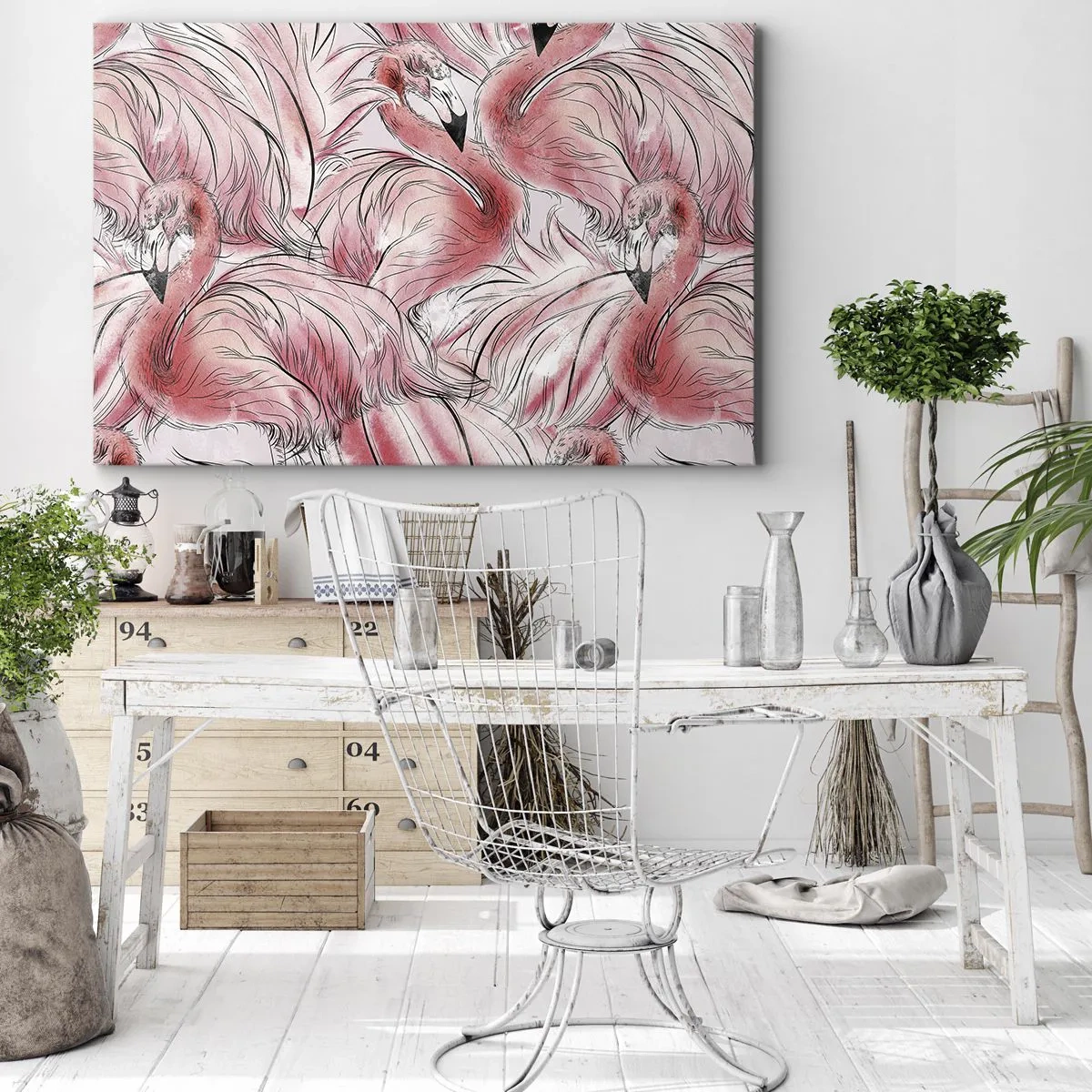 Canvastavla - Bild på duk - Fina teckningar av rosa flamingos - 70x50cm - Fåglarnas corps de ballet - Modern väggdekoration för vardagsrum och sovrum ARTTOR