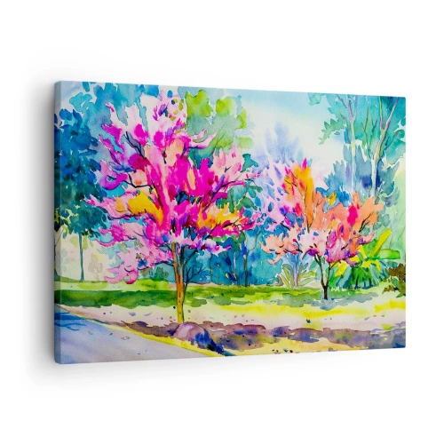 Canvastavla - Bild på duk - Färgglada träd i en park i akvarellstil - 70x50cm - Regnbågsträdgård i vårskenet - Modern väggdekoration för vardagsrum och sovrum ARTTOR