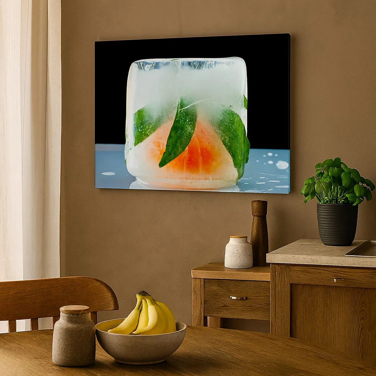 Canvastavla - Bild på duk - Isbit med apelsin och blad - 70x50cm - Fräschhet och svalka - Modern väggdekoration för vardagsrum och sovrum ARTTOR