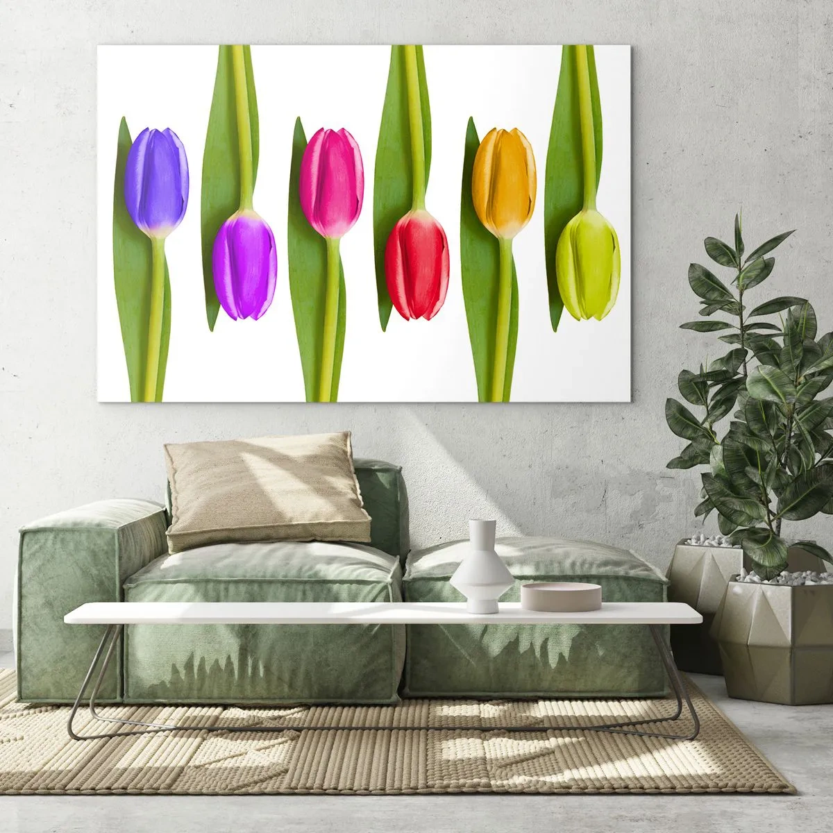 Glastavla - Bild på glas - Färgglada tulpaner arrangerade på en vit bakgrund - 70x50cm - Regnbågskomposition - Modern väggdekoration för vardagsrum och sovrum ARTTOR