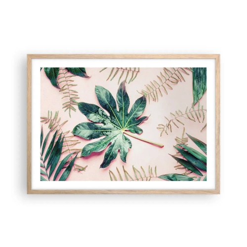 Affisch i ram av ljusek - Grönskans studie mot rosa bakgrund - 70x50 cm
