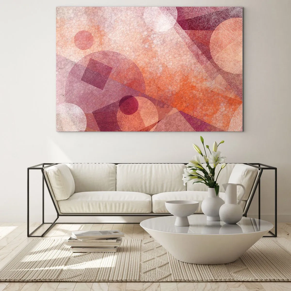 Glastavla - Bild på glas - Geometriska omvandlingar i rosa - 100x70 cm