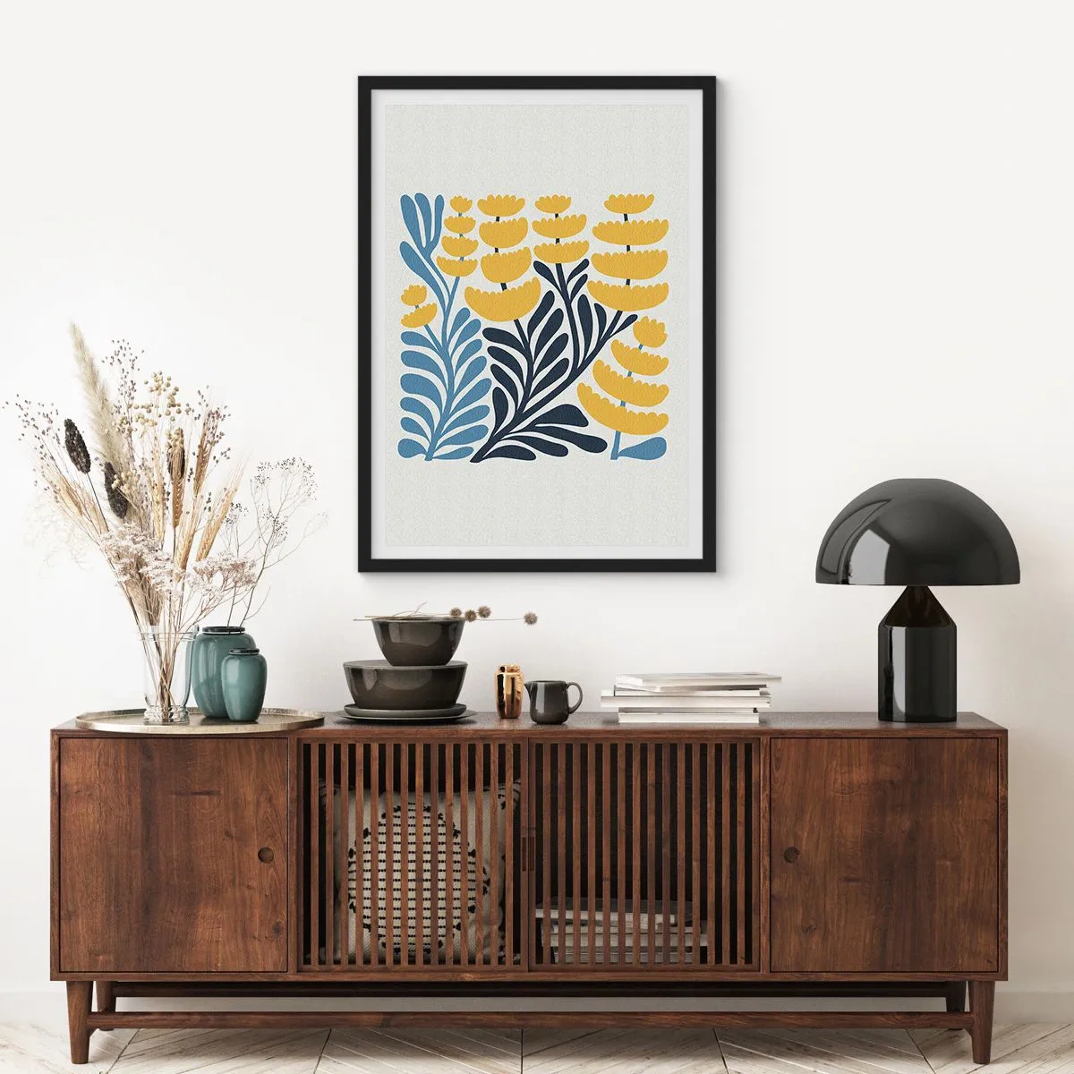 Affisch i svart ram - Stiliserade gula och marinblå blommor i minimalistisk stil - 50x70cm - Solig rabatt - Modern väggdekoration för vardagsrum och sovrum ARTTOR