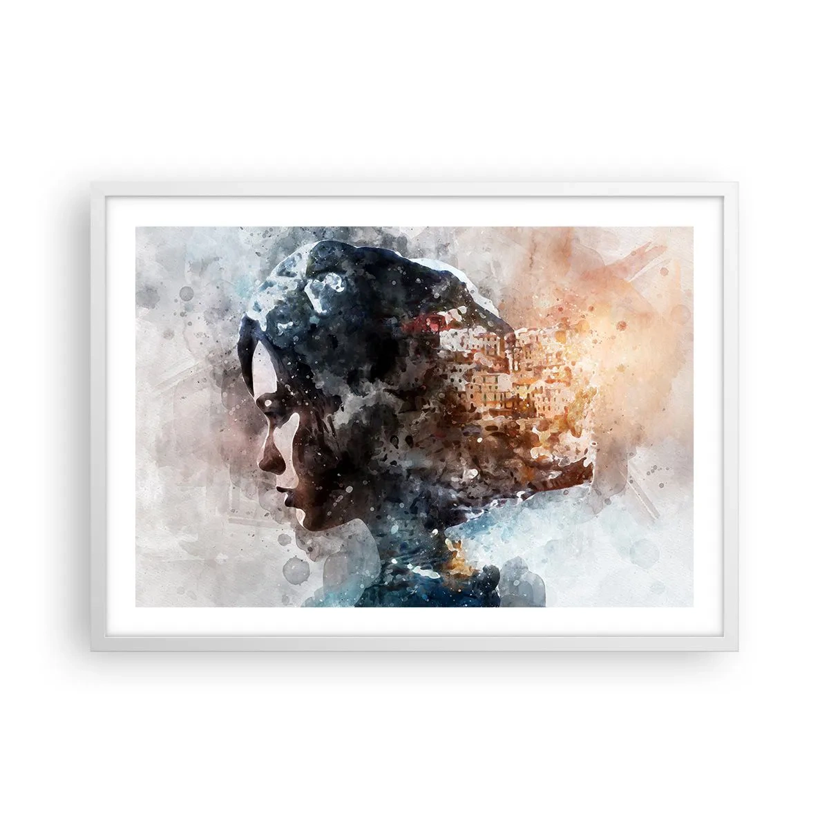 Affisch i vit ram - Berättelse om en tjej med en stad i bakgrunden - 70x50 cm