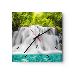 Väggklocka - Klocka på glas - Skummande kaskad från grönt till azur - 30x30 cm