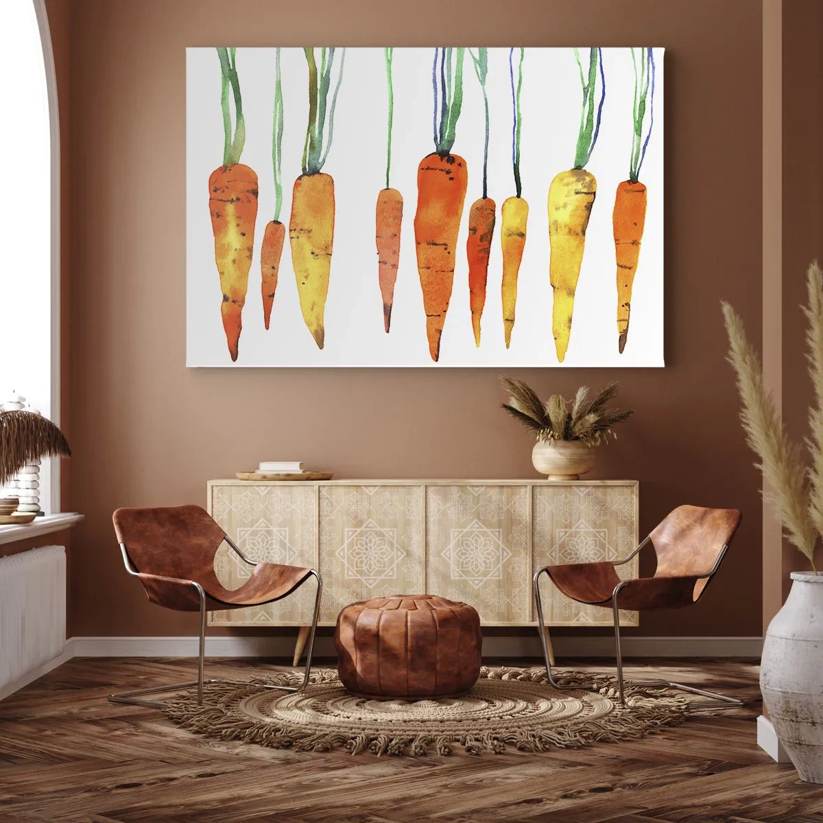 Canvastavla - Bild på duk - Akvarell morötter i olika nyanser på en vit bakgrund - 70x50cm - Skönhet av det vanliga - Modern väggdekoration för vardagsrum och sovrum ARTTOR