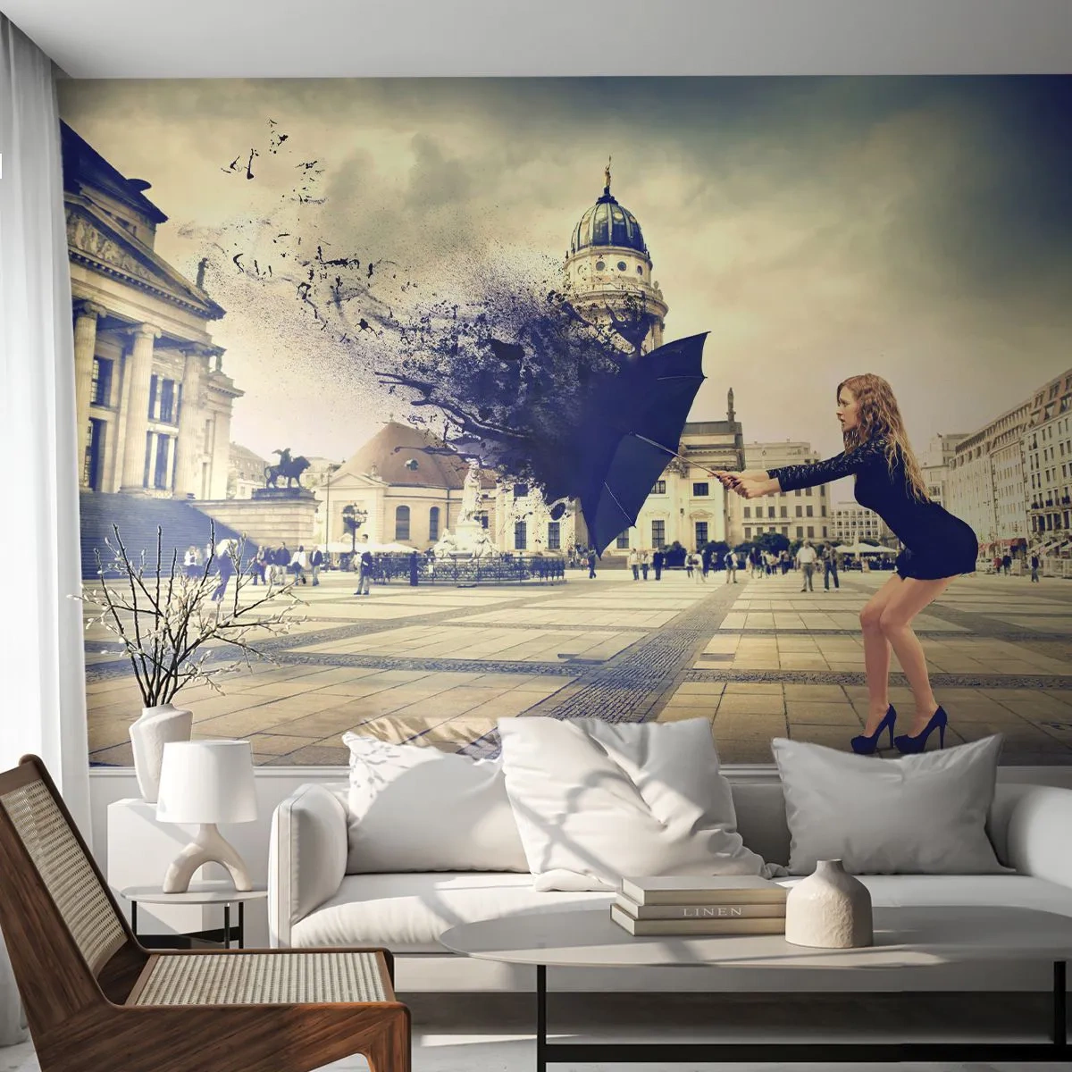 Självhäftande Fototapet Deluxe Sticker - Det kan blåsa riktigt hårt - Kvinna, Stad, Mystiskt paraply - 250x175 cm