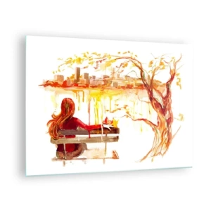 Glastavla - Bild på glas - En figur på en bänk med utsikt över staden i akvarell - 70x50cm - En stund för eftertanke - Modern väggdekoration för vardagsrum och sovrum ARTTOR