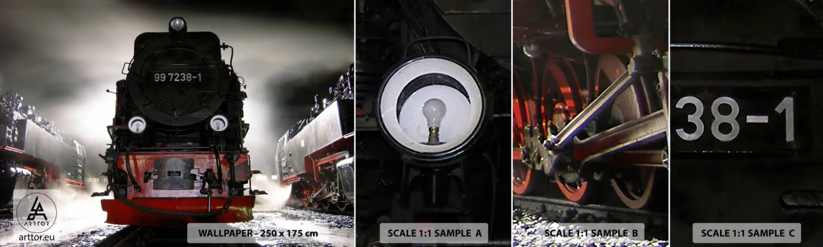 Provbit av självhäftande fototapet Deluxe Sticker - Står och stjäler, andas och blåser - Ång lok, Tågstation, Bil - 100x30 cm