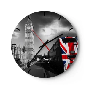 Väggklocka - Klocka på glas - Big Ben och en buss med motiv av brittisk flagga - 30x30cm - Stolt och stor - Modern väggdekoration för vardagsrum, kök och sovrum ARTTOR
