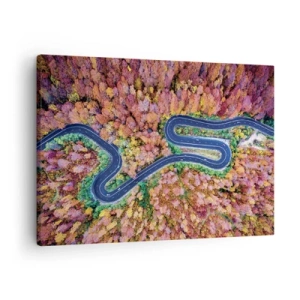 Canvastavla - Bild på duk - En slingrande väg i en höstskog sedd från ett fågelperspektiv - 70x50cm - Slingrande väg genom skogen - Modern väggdekoration för vardagsrum och sovrum ARTTOR