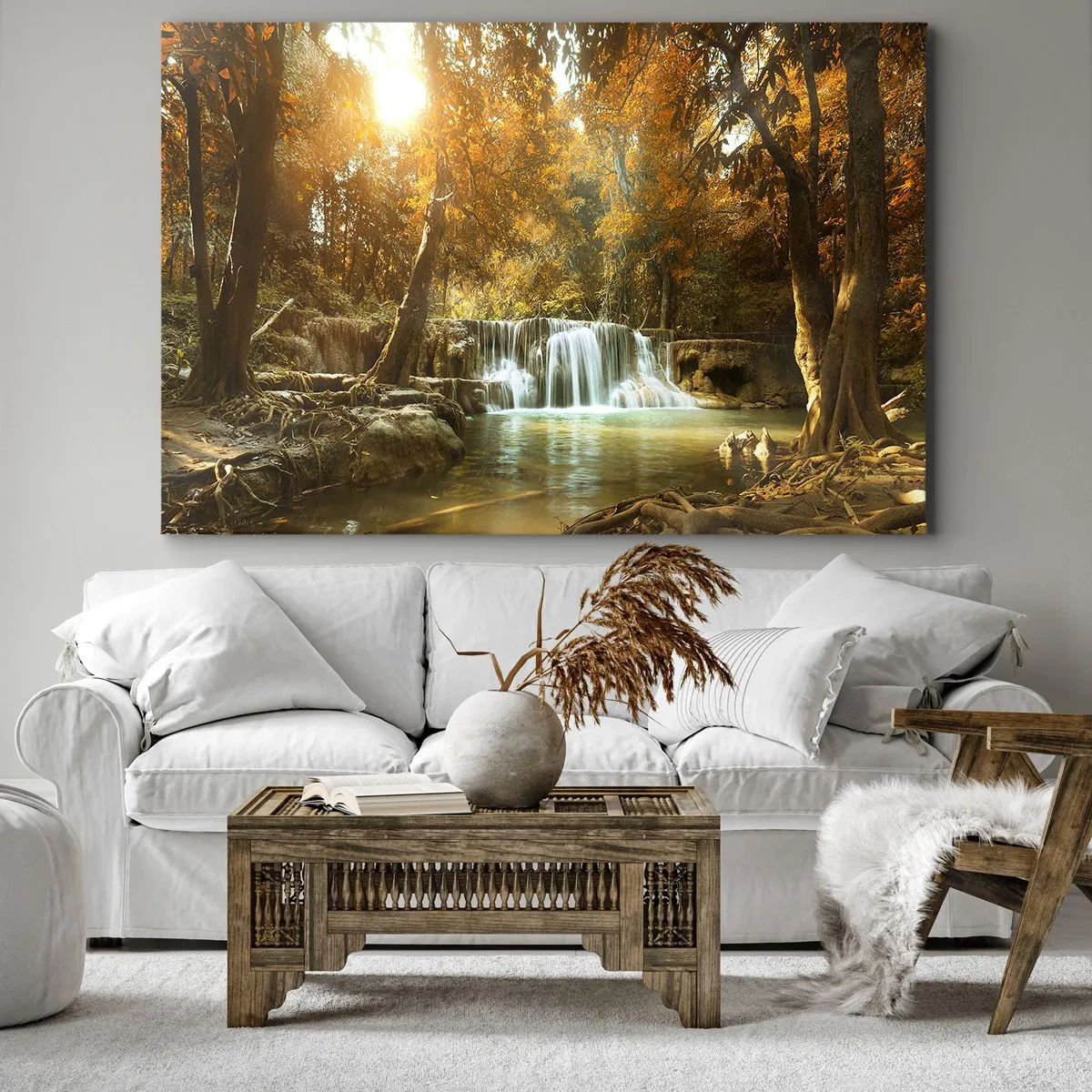 Canvastavla - Bild på duk - Höstlandskap med ett vattenfall - 70x50cm - Parkkaskad - Modern väggdekoration för vardagsrum och sovrum ARTTOR