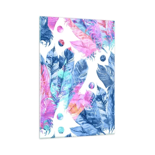 Glastavla - Bild på glas - Fjädrar i vitt och blått - 80x120 cm