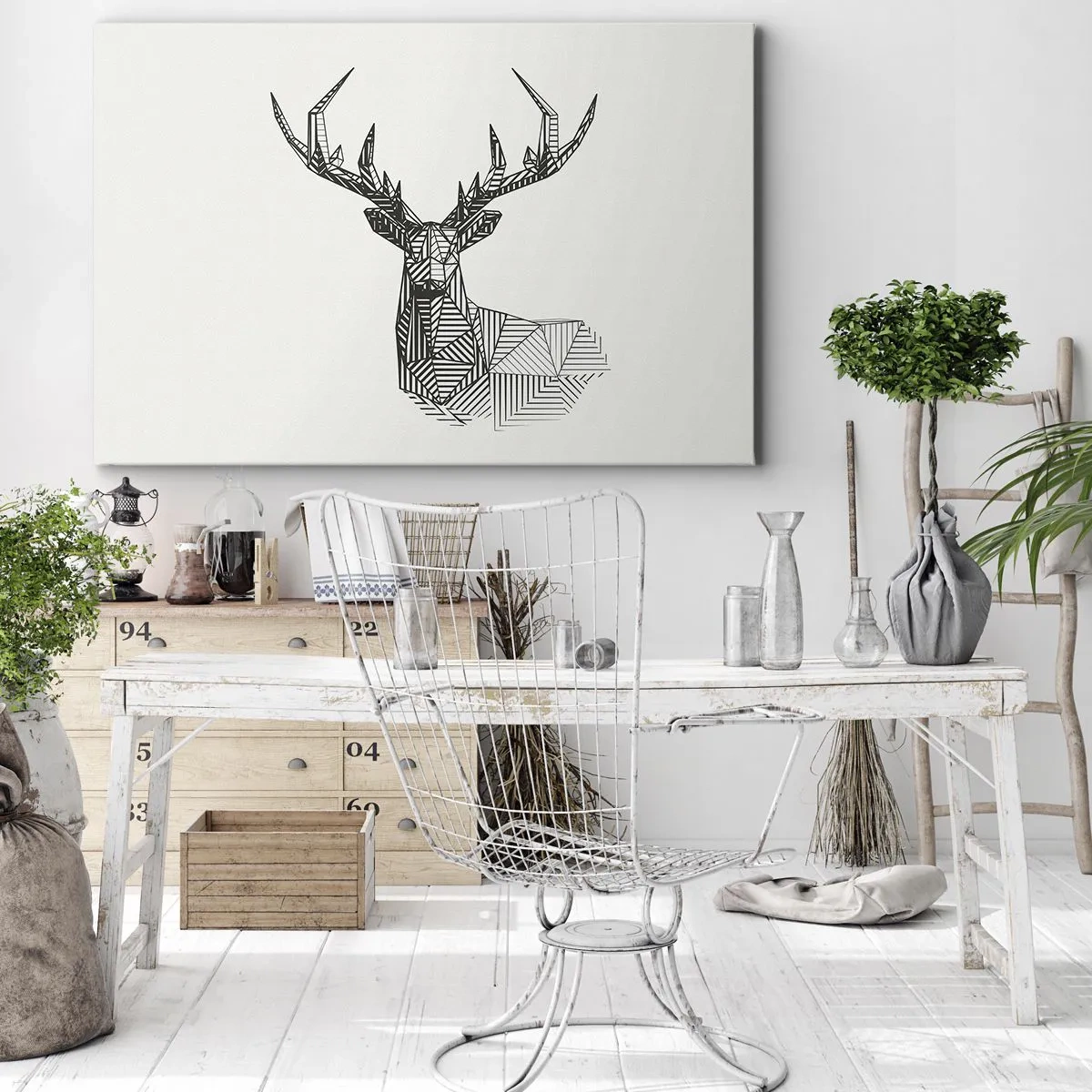 Canvastavla - Bild på duk - Geometrisk bild av en hjort i minimalistisk svartvit stil - 70x50cm - Hjort i kubistisk stil - Modern väggdekoration för vardagsrum och sovrum ARTTOR