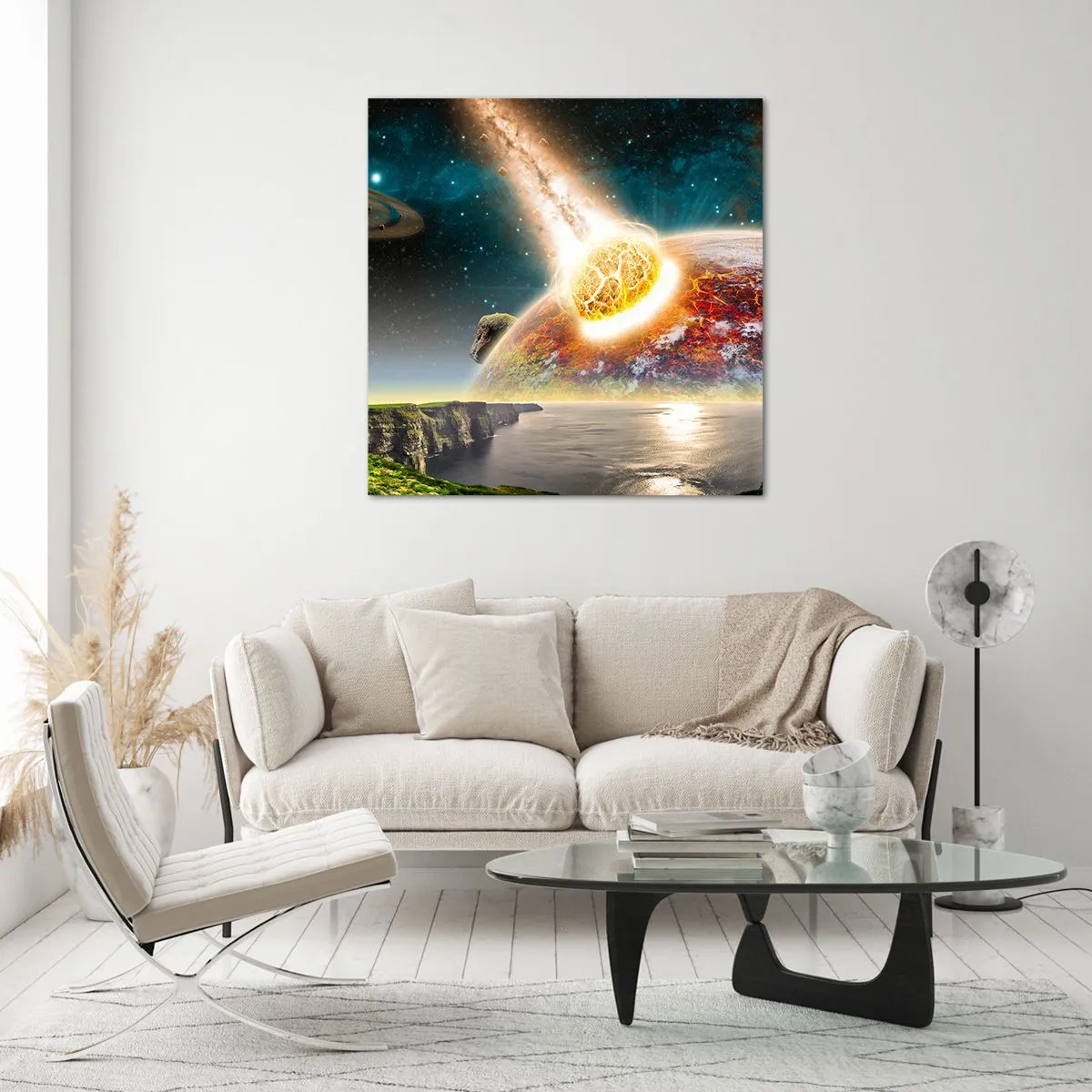 Glastavla - Bild på glas - Rymddrama - 70x70 cm
