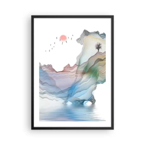 Affisch i svart ram - Färgglada, lager-på-lager berg över en lugn sjö med ett träd - 50x70cm - Mot kristallfjäll - Modern väggdekoration för vardagsrum och sovrum ARTTOR