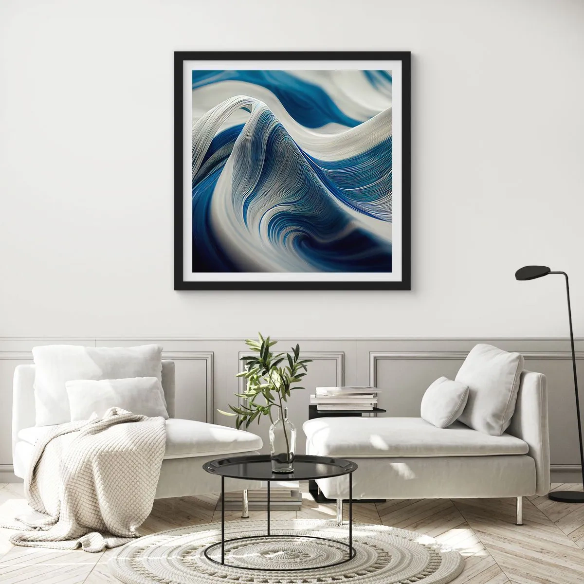 Affisch i svart ram - Flöde av blått och vitt - 60x60 cm