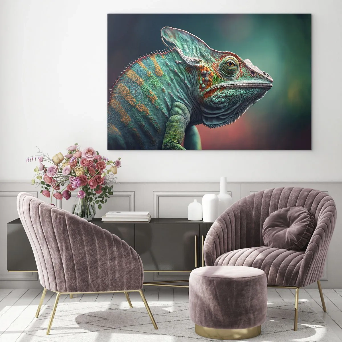 Glastavla - Bild på glas - En färgglad kameleont mot en suddig bakgrund i intensivt ljus. - 70x50cm - Ser du mig? Inte bra… - Modern väggdekoration för vardagsrum och sovrum ARTTOR